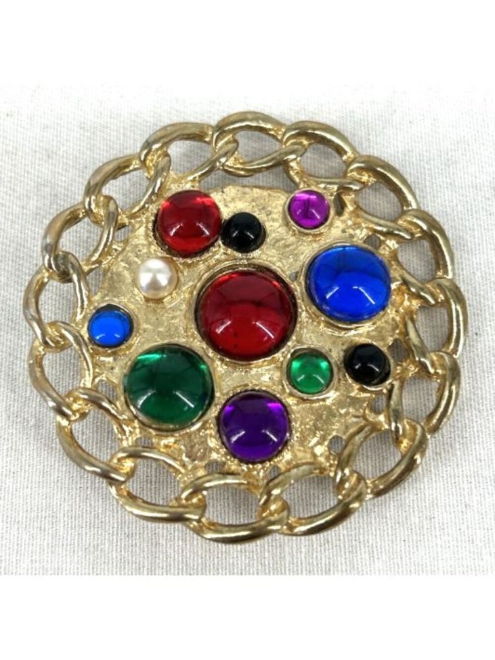 Gripoix Brooch Goldtone Chain Link Cabachon 1980s 2" Wide